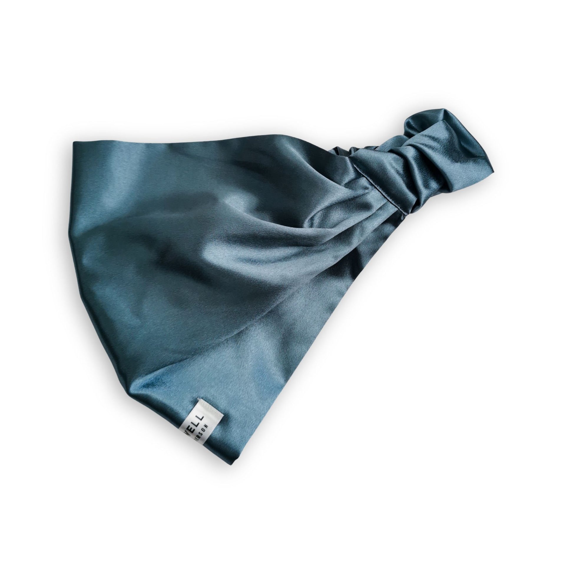 satin hair wrap with elastic closure and sleep well label in steel blue