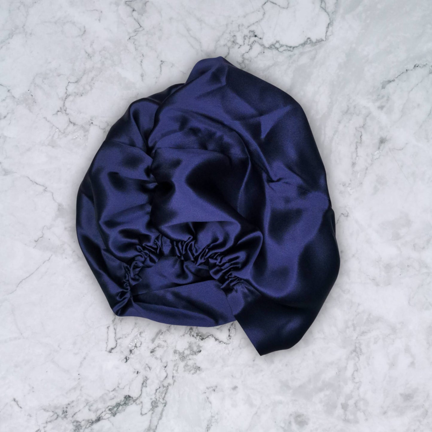 SILK HAIR WRAP WITH TWIST DETAIL - SILK TURBAN IN NAVY REAR VIEW