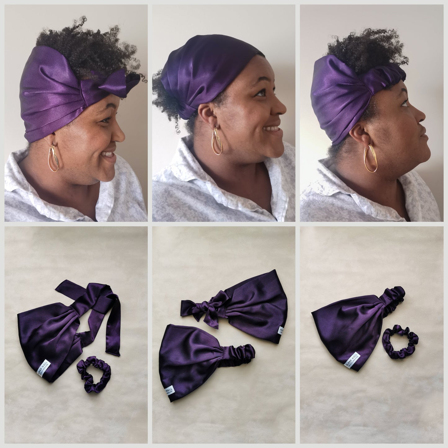 SLEEP WELL Natalie Anderson elastic and tie close pineapple protector satin hair wrap with coordinating midi scrunchie - model view