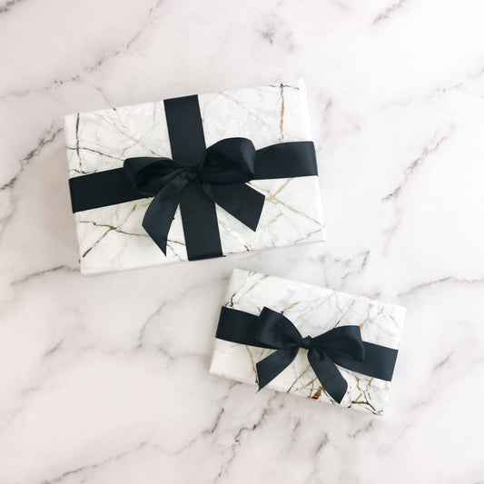 Natalie Anderson gold flecked, marble wrapping paper with black grosgrain ribbon - both sizes