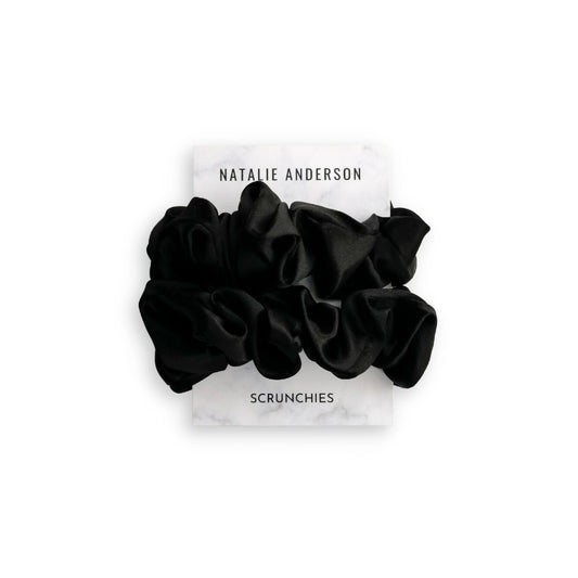 Natalie Anderson Mulberry silk satin scrunchie 2 pack - black on marble scrunchie card