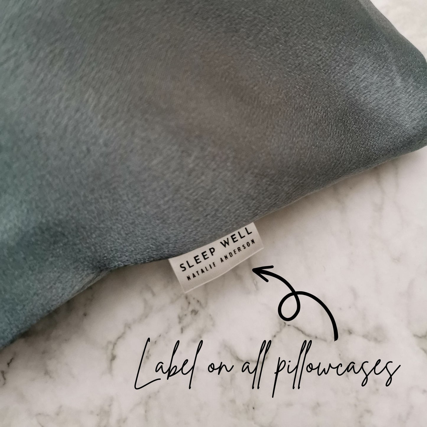 Steel grey sleep well label on all satin poly silk pillowcases