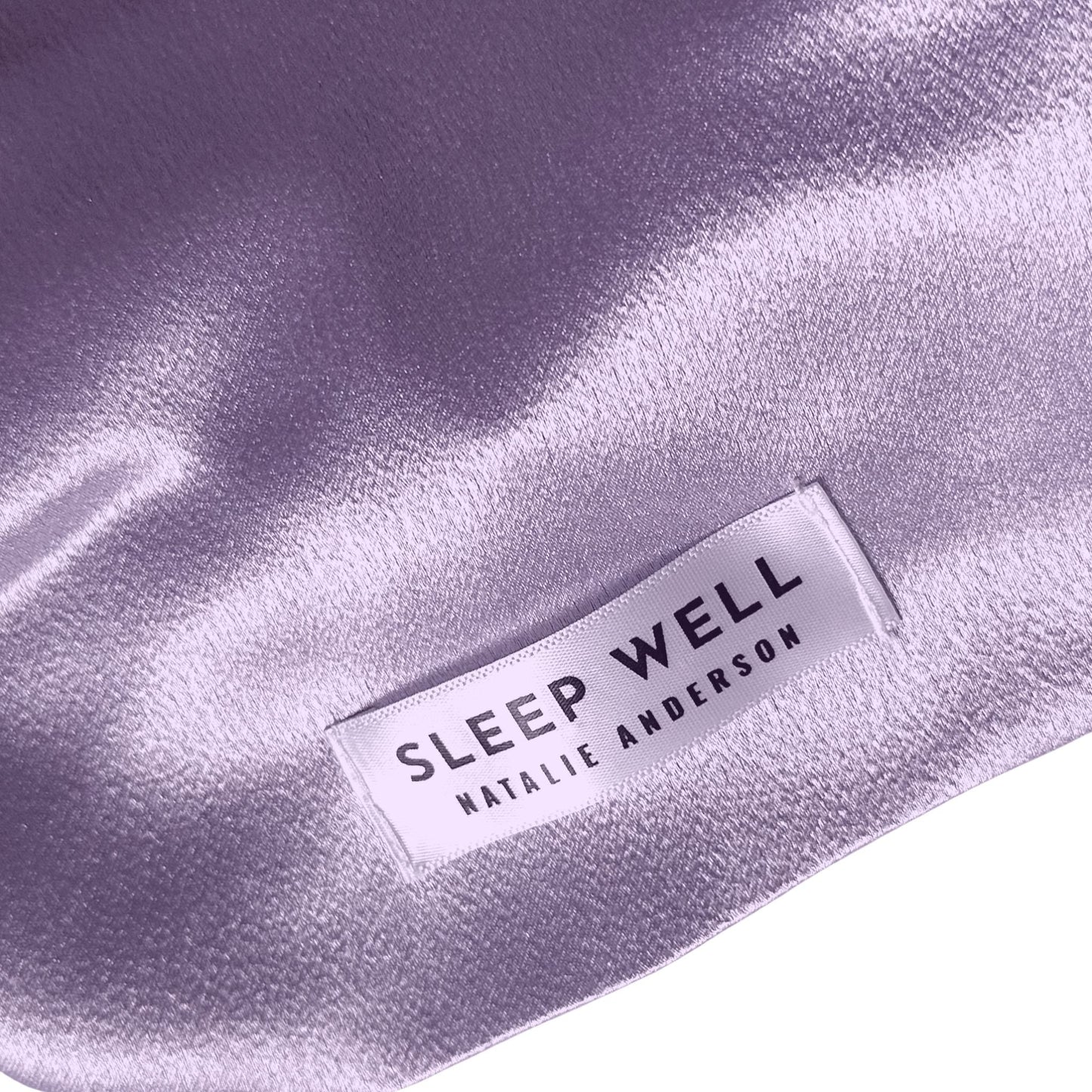 SLEEP WELL satin hair wrap in lilac - label view