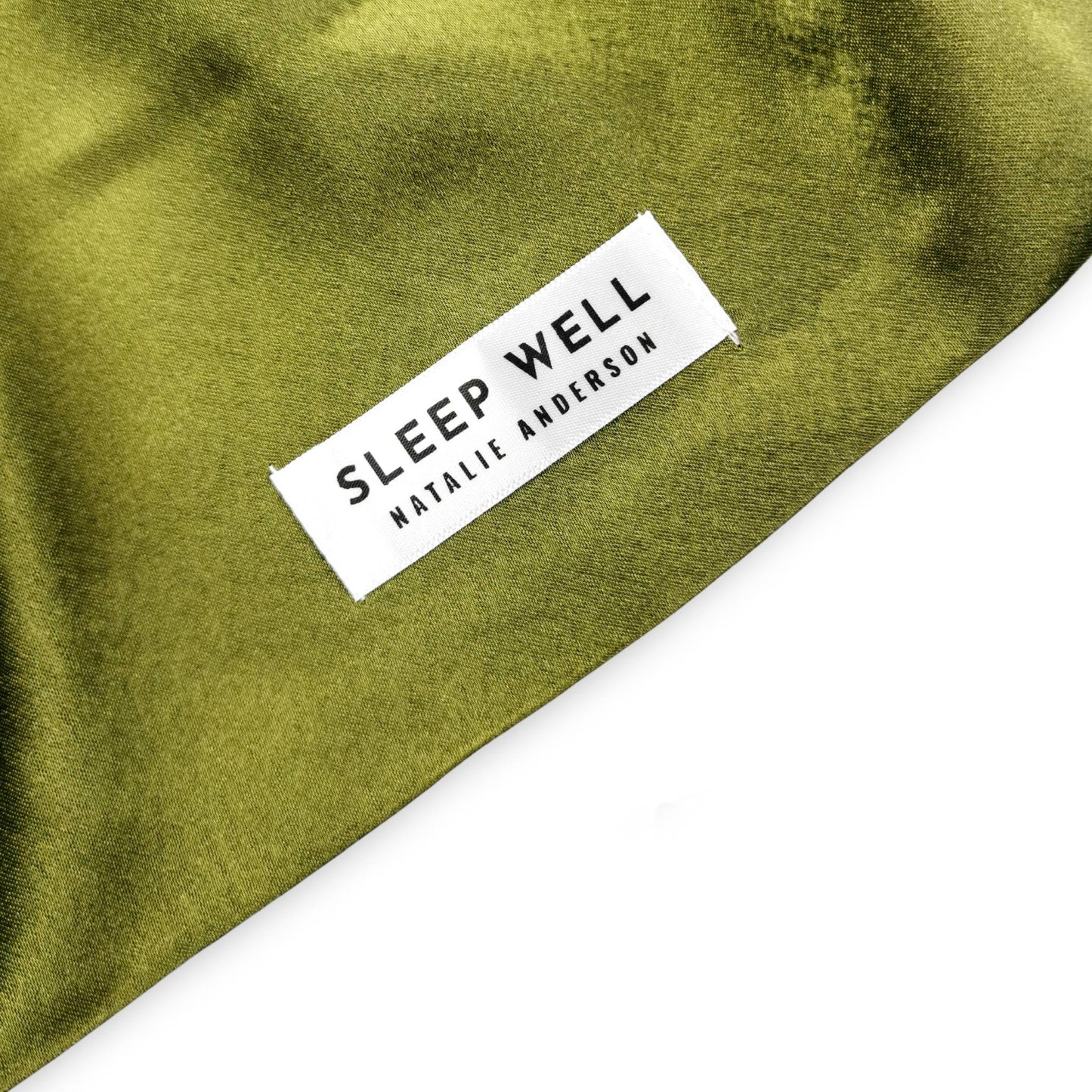SATIN HAIR WRAP OLIVE GREEN SLEEP WELL LABEL VIEW