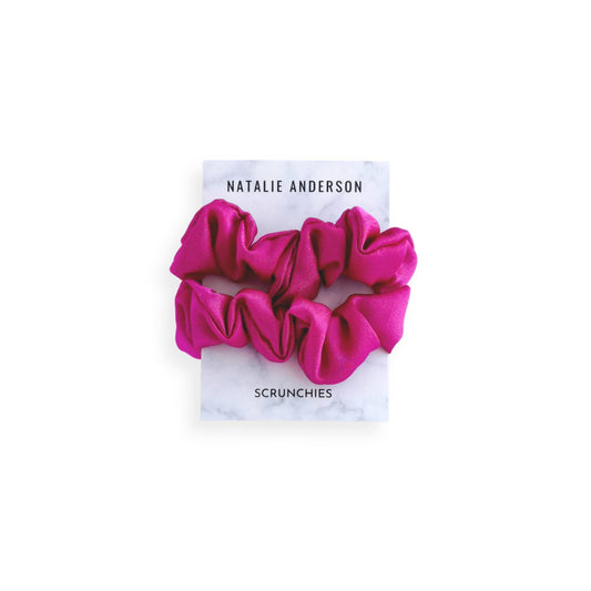 fuchsia hot pink premium, luxury, satin midi scrunchies , 2 pack