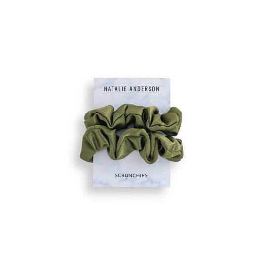 olive khaki green premium, luxury, satin midi scrunchies , 2 pack